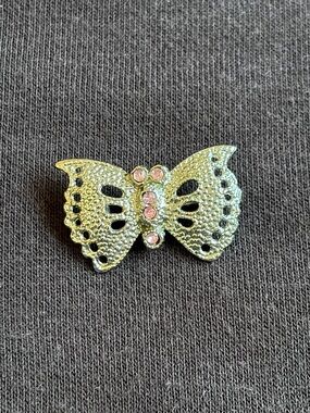 Vintage Gold Tone Butterfly Brooch Pink Rhinestone Pin